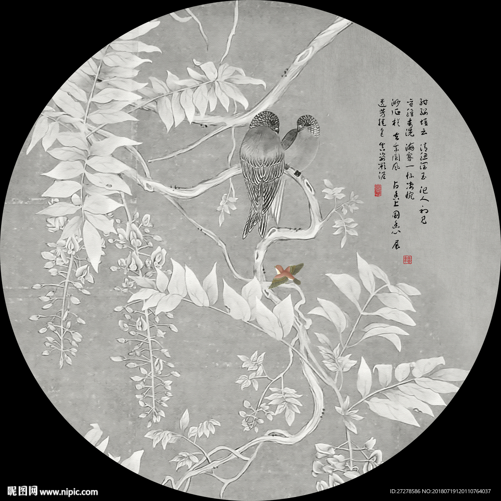 圆形工笔花鸟画装饰画