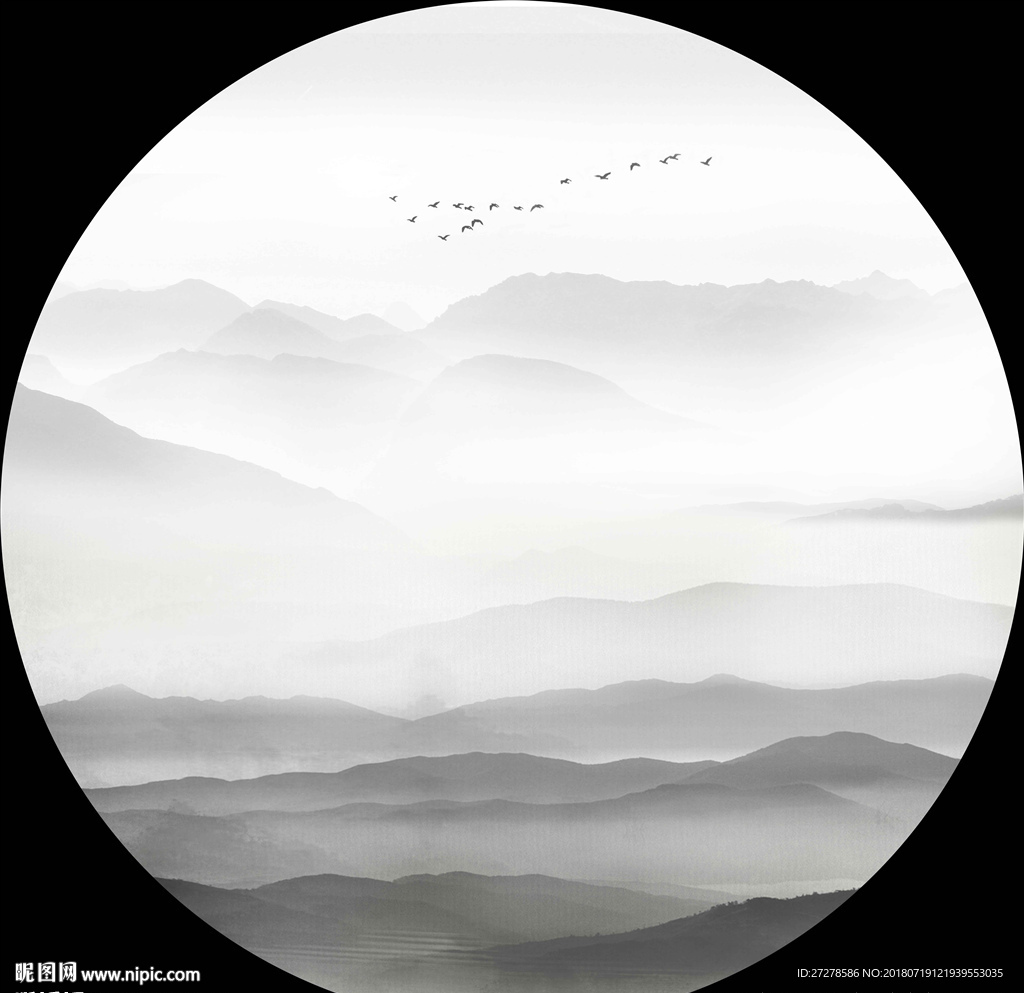 圆形高清山水画装饰画挂画