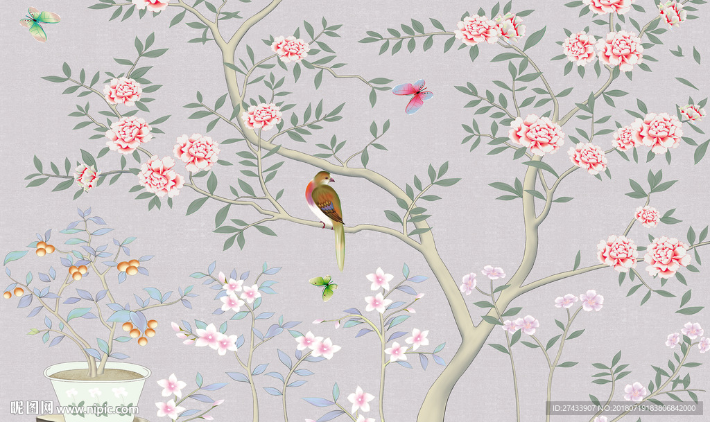 手绘花鸟背景墙
