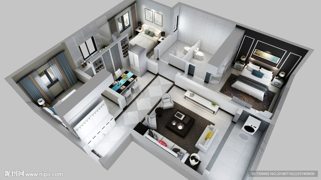 现代简约灰调风格户型效果图