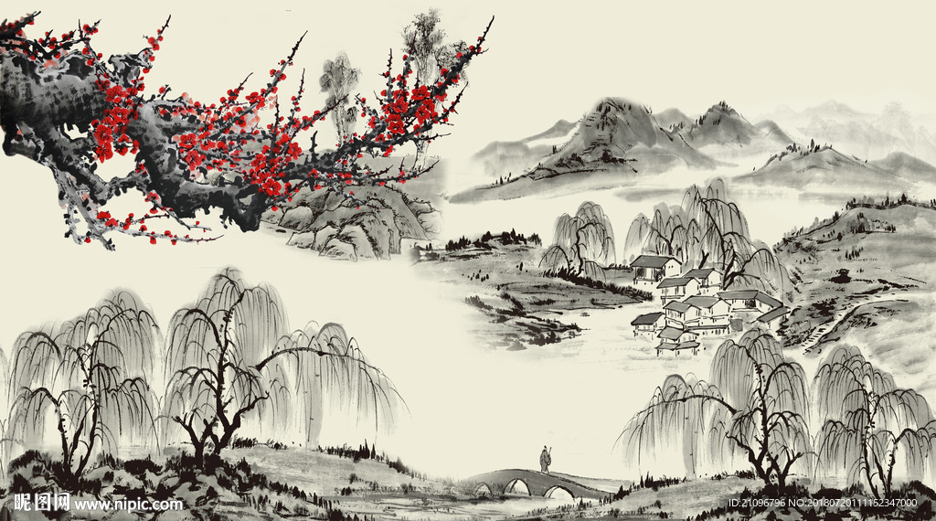 水墨国画 梅花背景墙