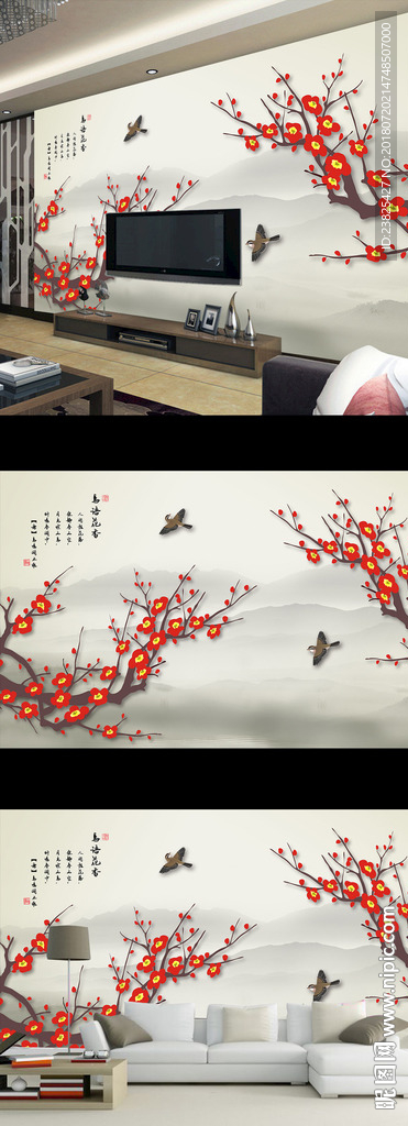 新中式手绘式笔花鸟山水壁画背景