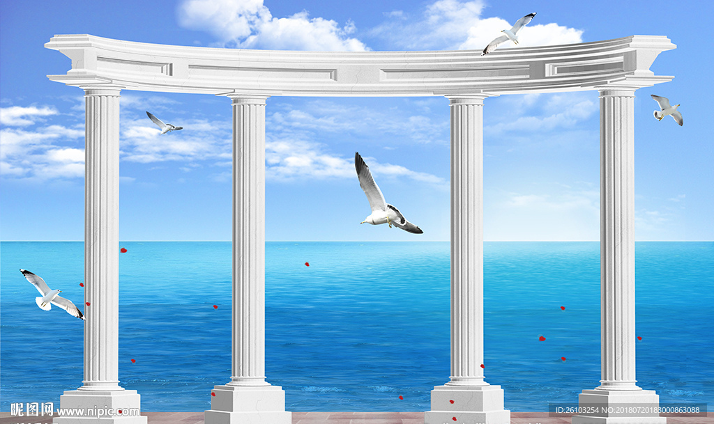 美丽大海风景欧式罗马柱电视背景