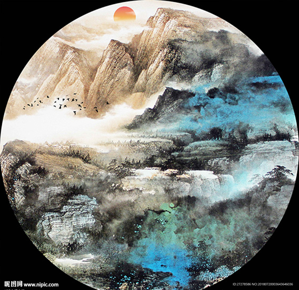 圆形蓝色山水画装饰画