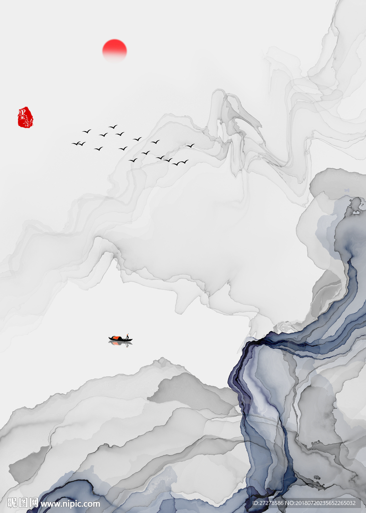 竖幅蓝色烟雾山水装饰画挂画