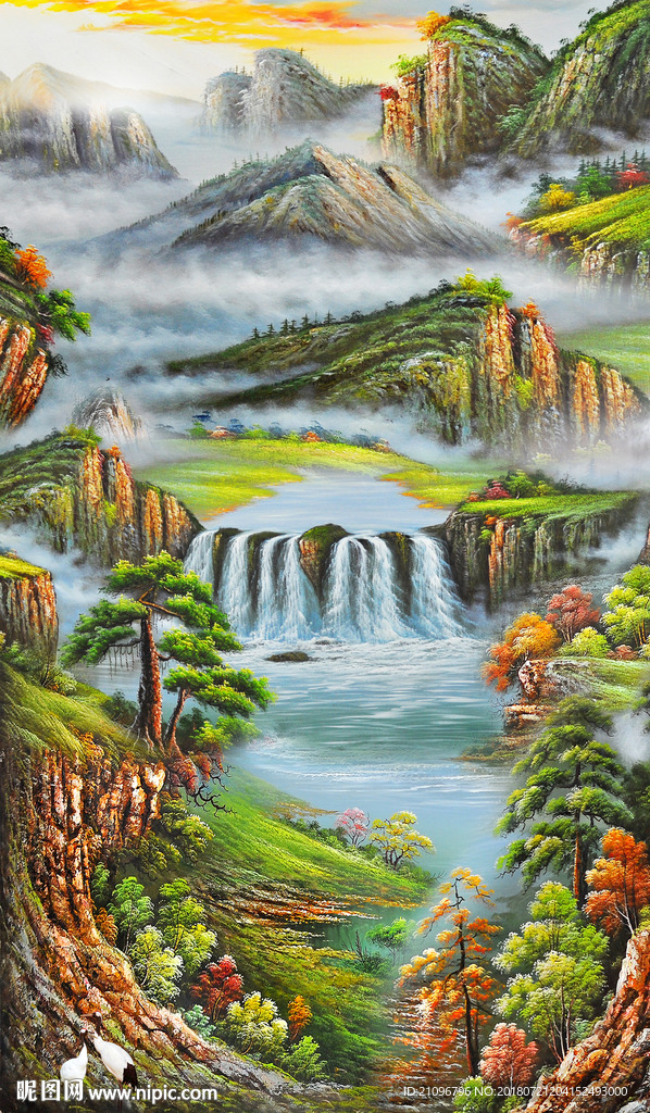 油画山水玄关背景墙