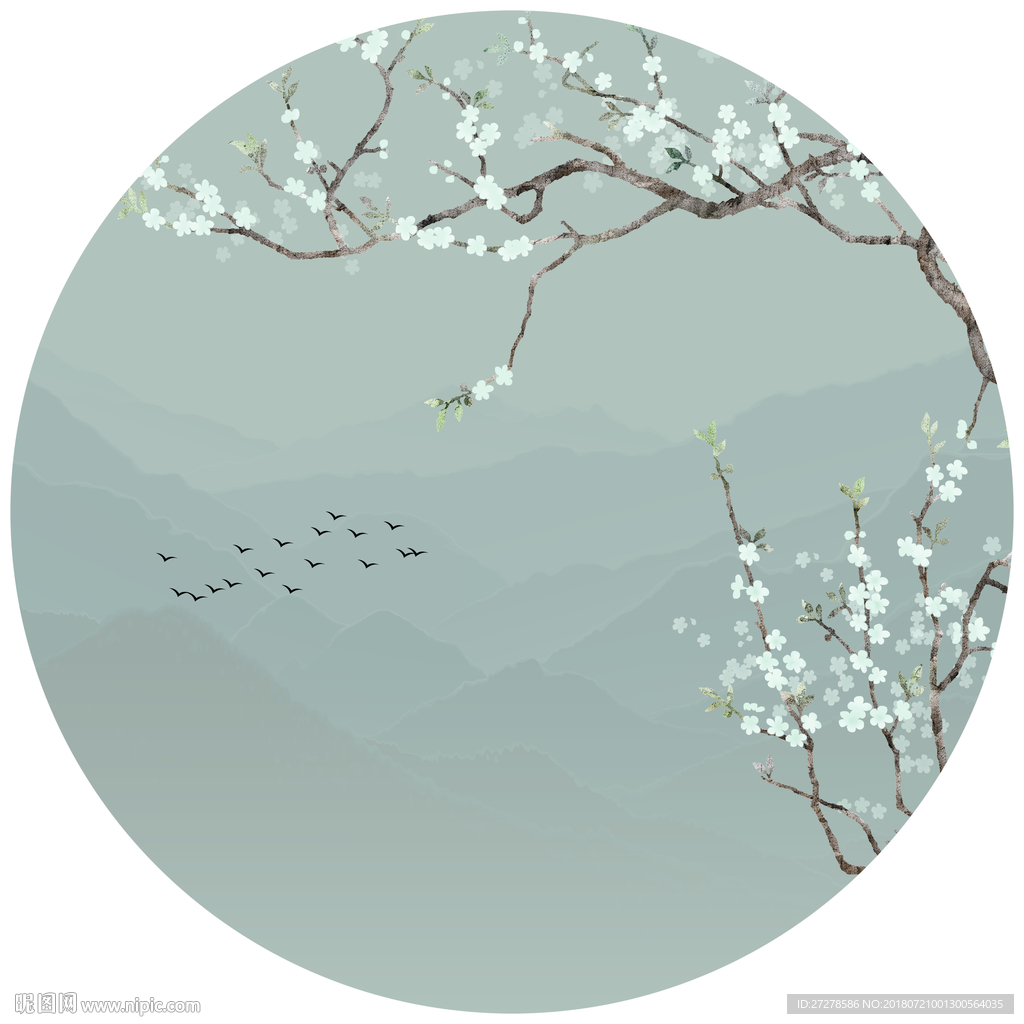高清圆形花鸟工笔装饰画