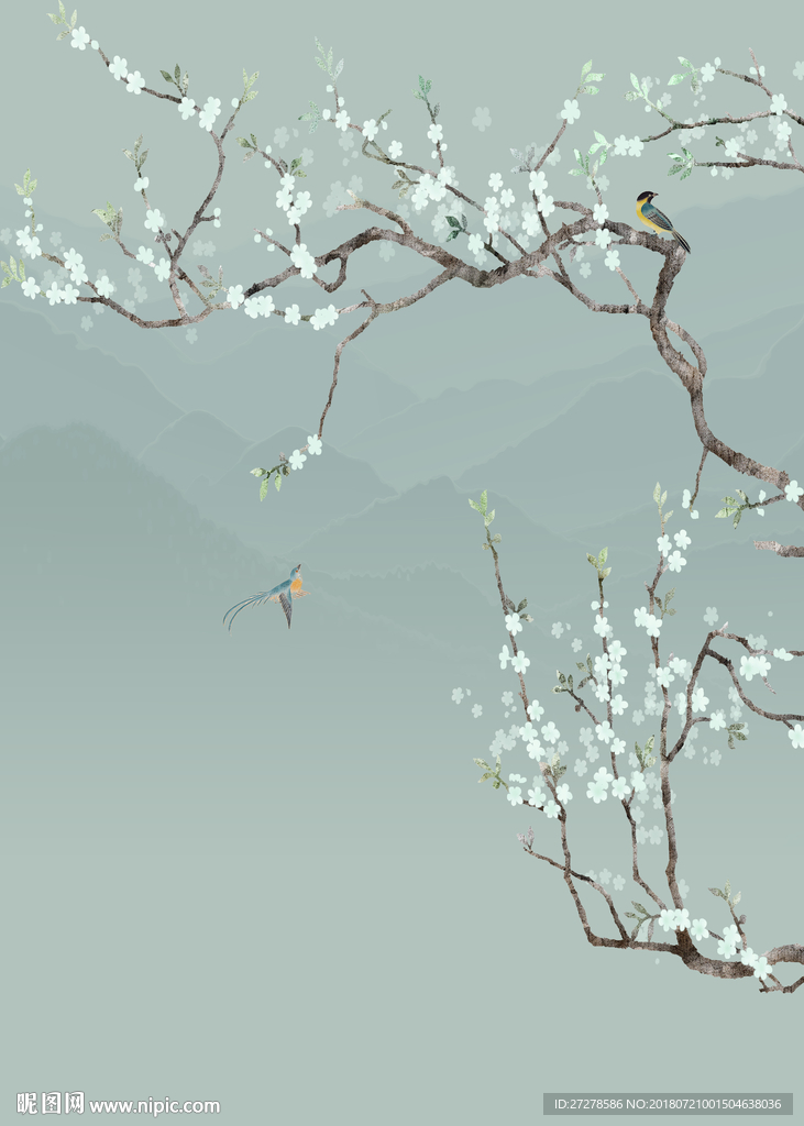 高清分层工笔梅花花鸟装饰画