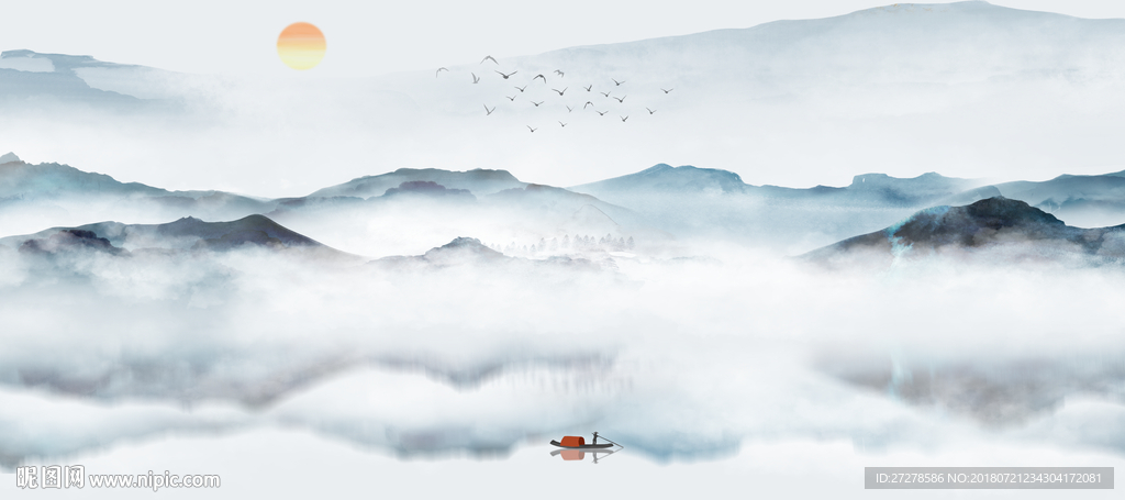 大型高清蓝色山水横幅装饰画