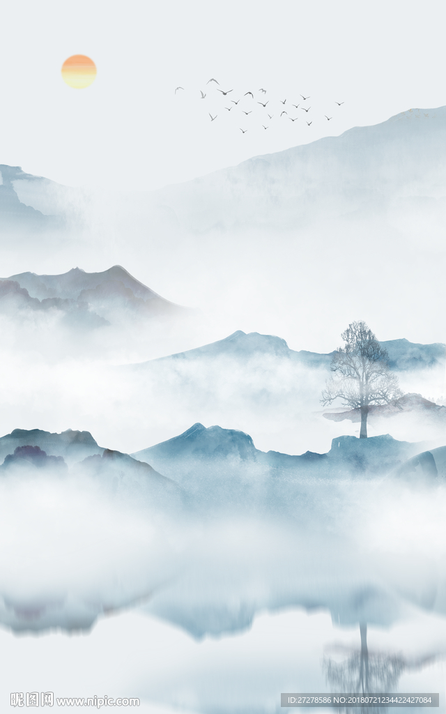 竖版蓝色高清山水画装饰画
