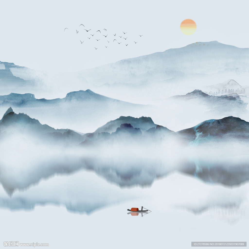 高清方形蓝色山水装饰画