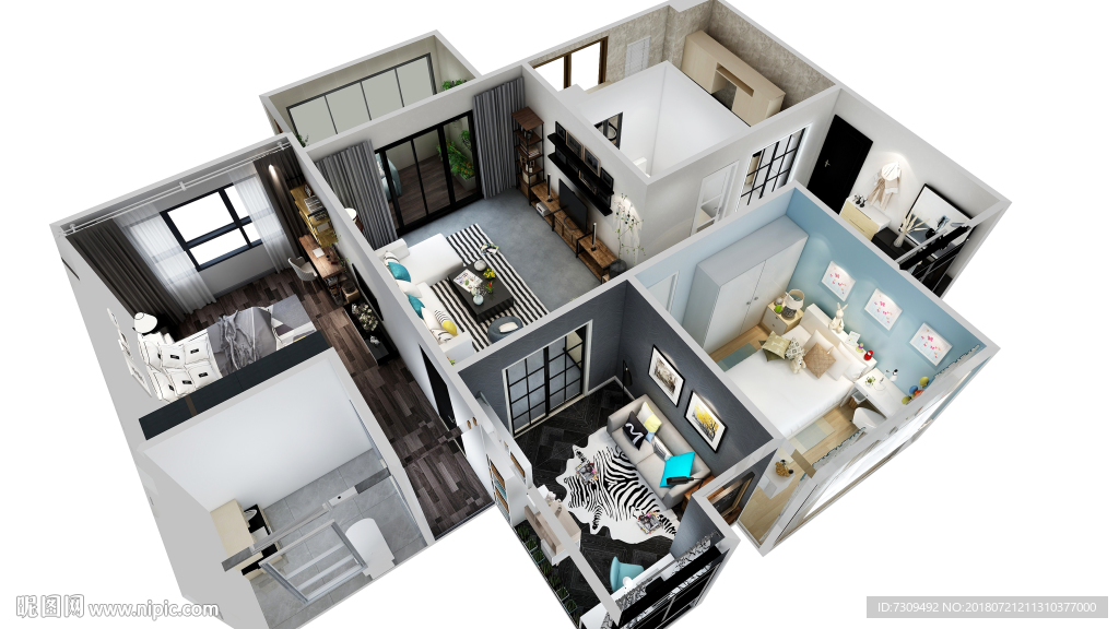 简约工业风装修户型效果图