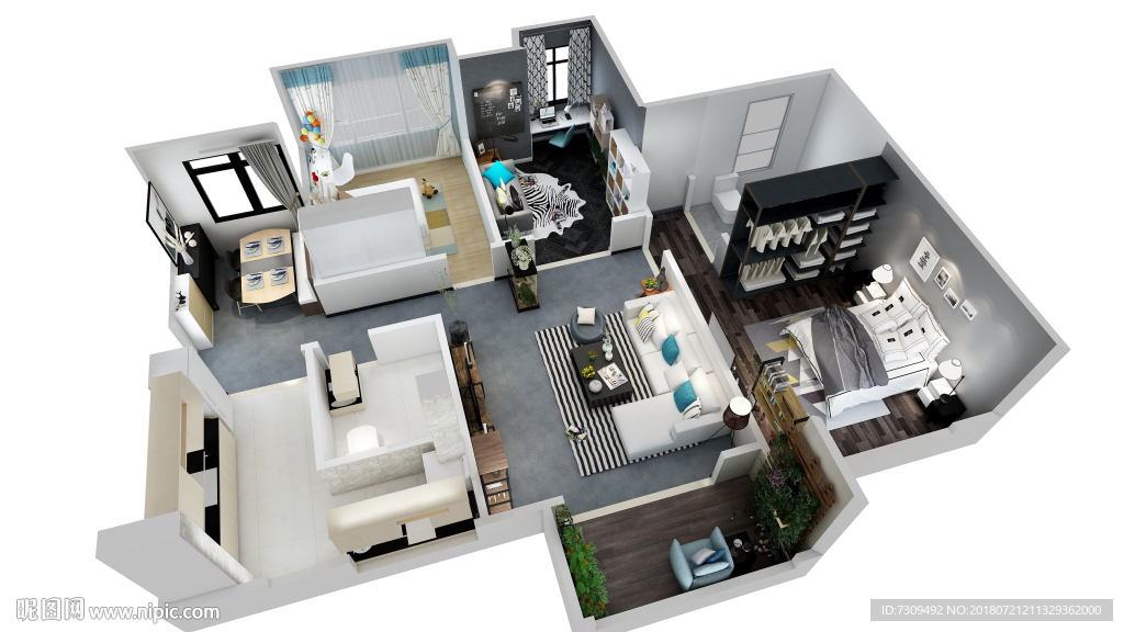 简约工业风装修户型效果图