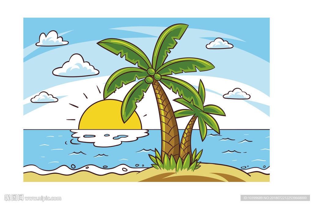 彩绘棕榈树大海风景
