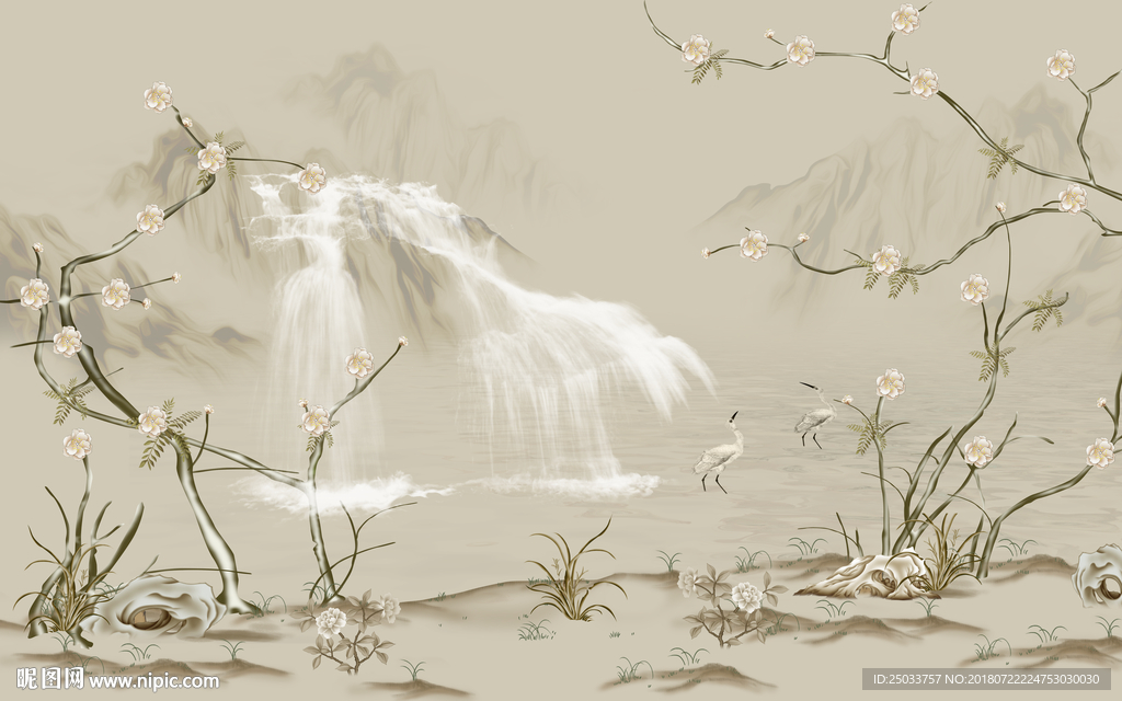 山水仙鹤中式水墨国画玄关背景底