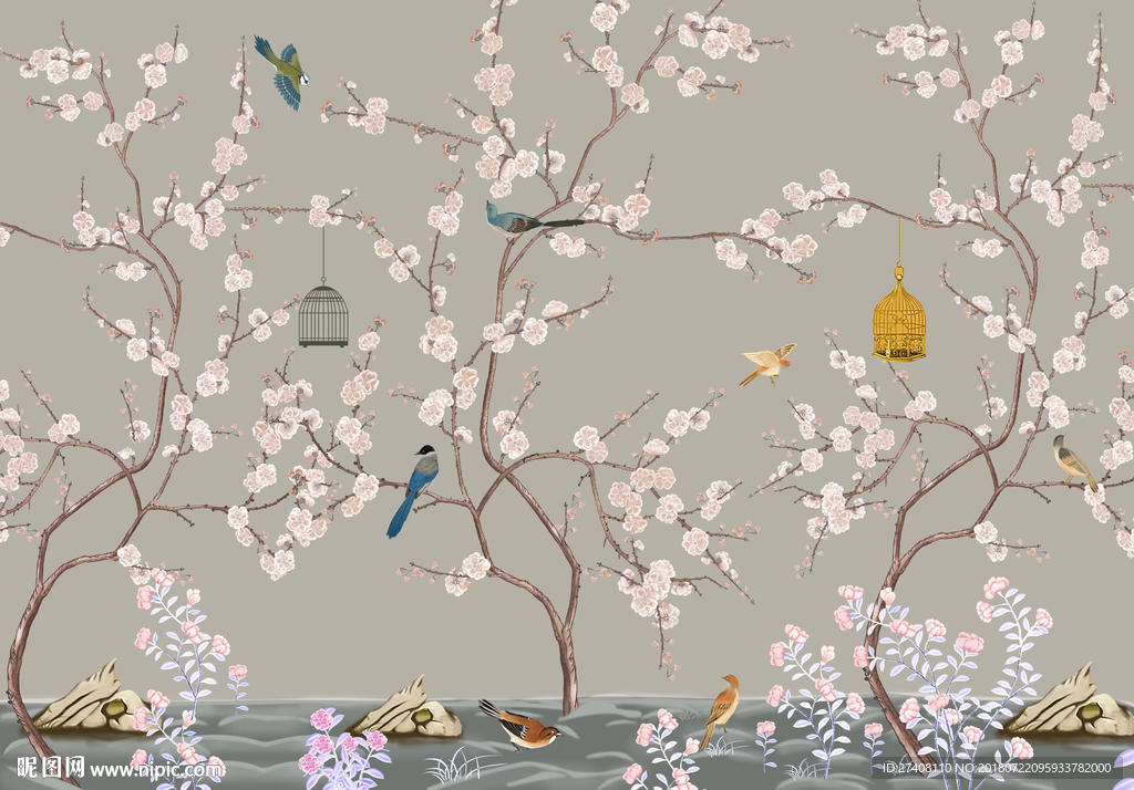 手绘花鸟背景墙