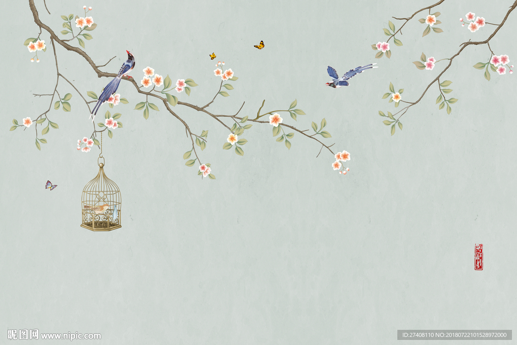 手绘花鸟背景墙