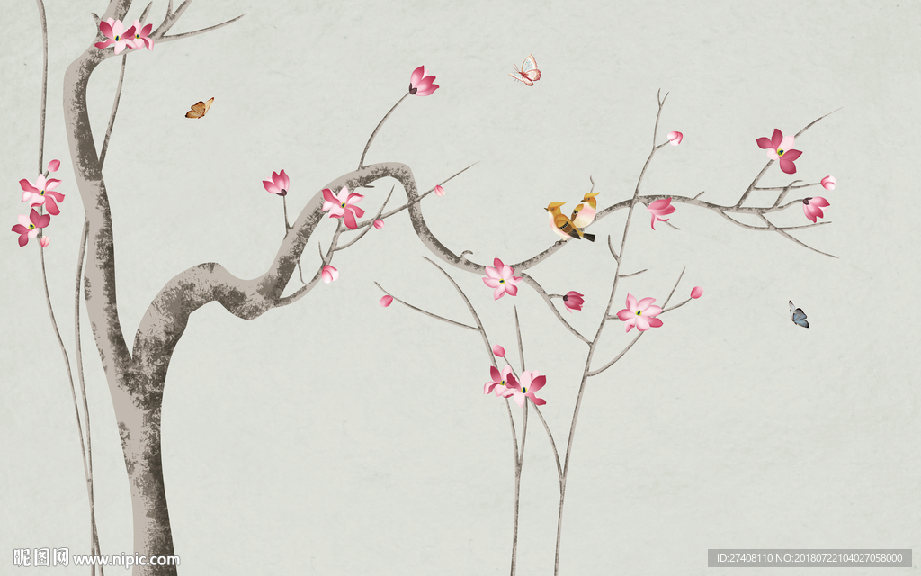 手绘花鸟背景墙