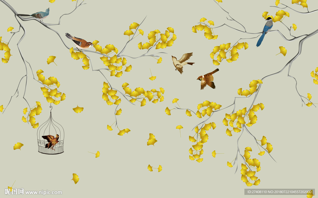 手绘花鸟背景墙