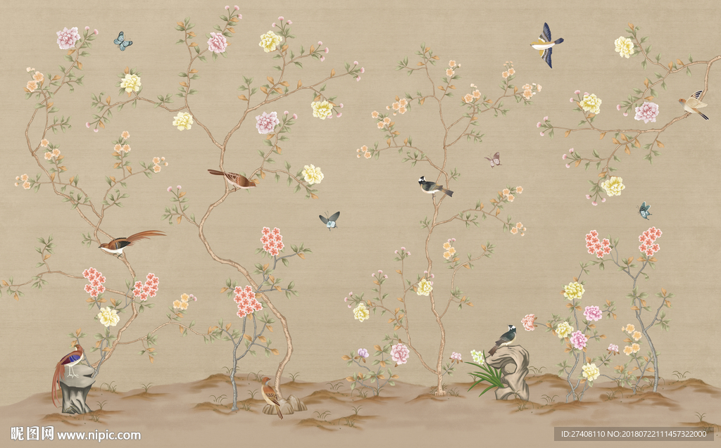 手绘新中式背景墙