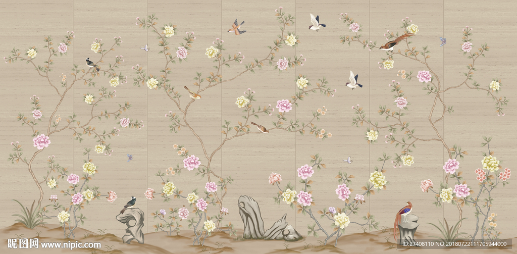 手绘新中式背景墙