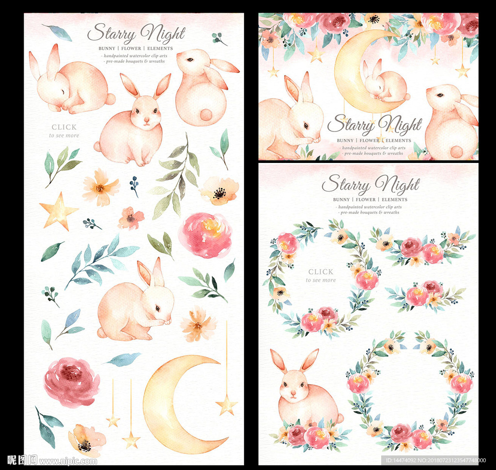 水彩免抠手绘淡彩兔子花环