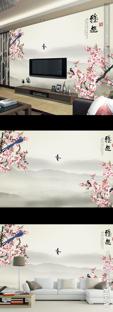 新中式手绘工笔花鸟电视背景墙
