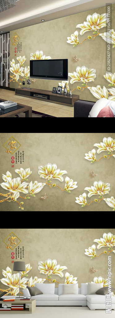 新中式手绘工笔花鸟电视背景墙