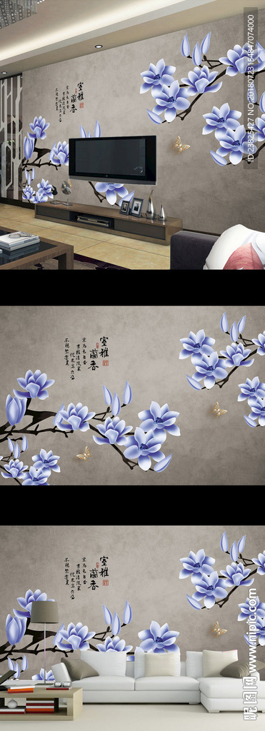 新中式手绘工笔花鸟电视背景墙
