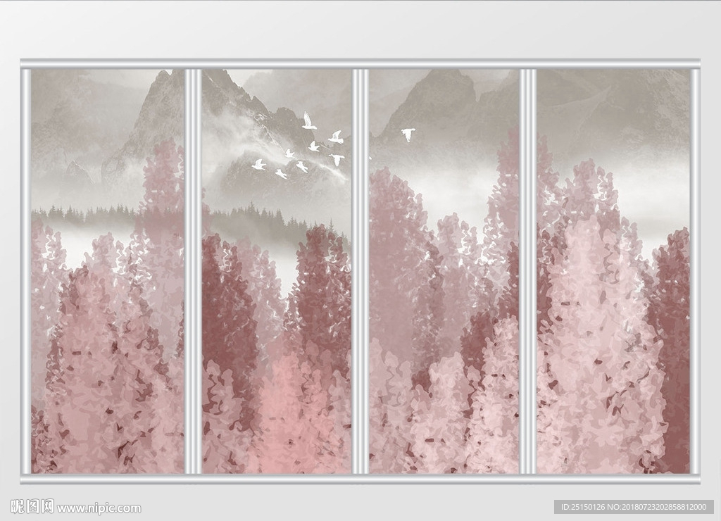 新中式唯美粉色树林山水移门