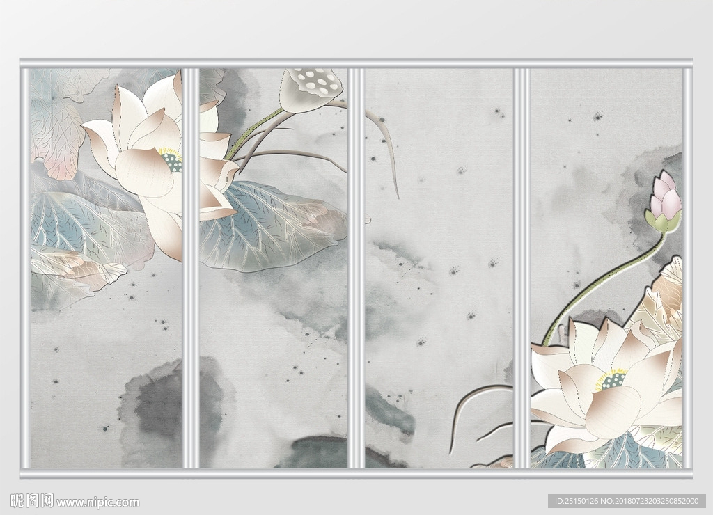 新中式立体睡莲移门