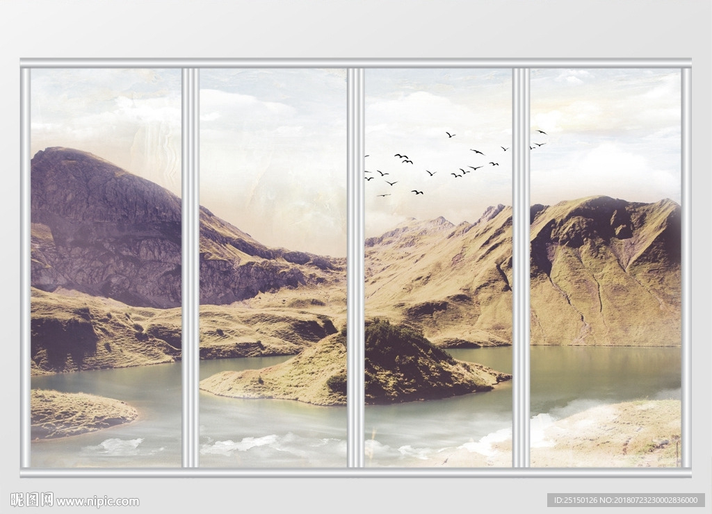 中式大理石纹山水日出移门