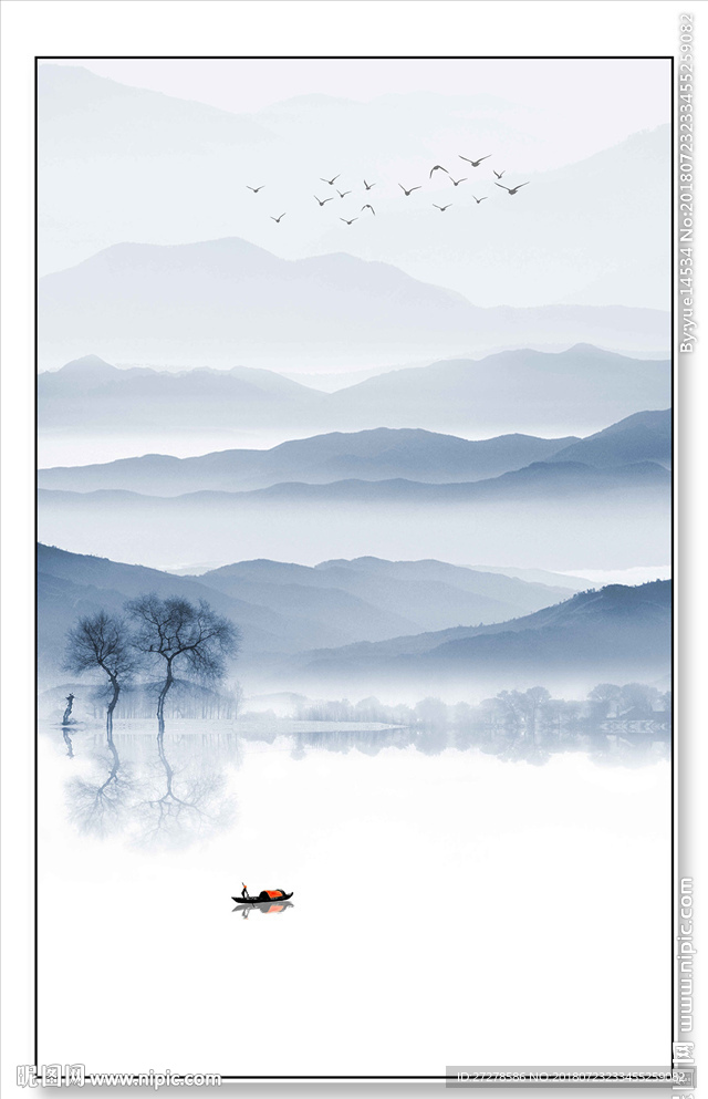 高清蓝色简约山水装饰画挂画