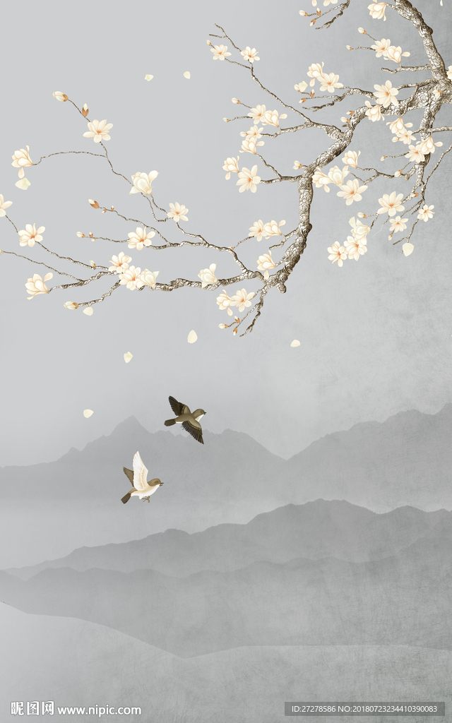 高清工笔玉兰 花鸟装饰画挂画