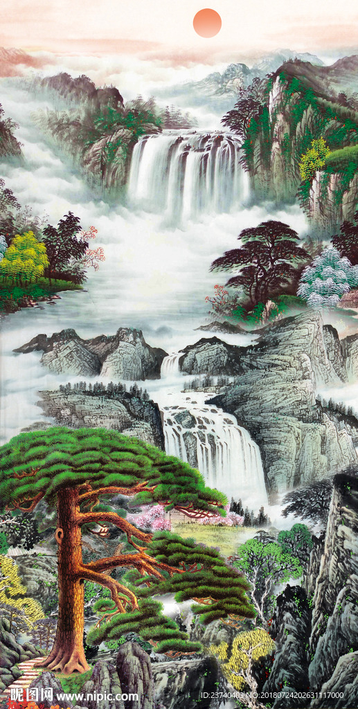 山水国画迎客松玄关屏风