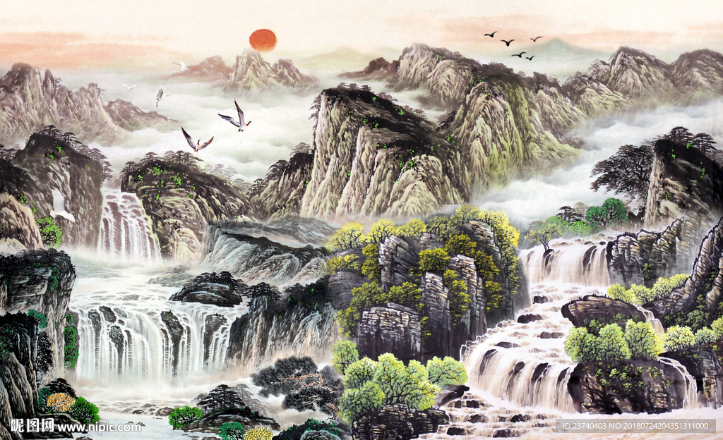 山水国画电视背景墙