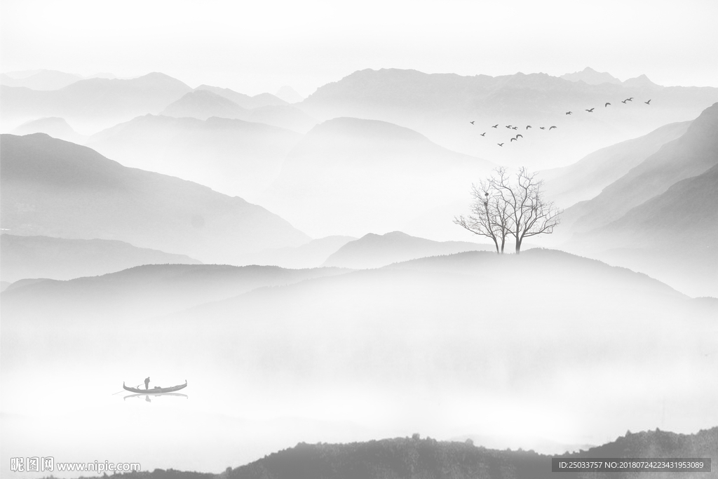 黑白素雅山水国画树木飞鸟创意屏