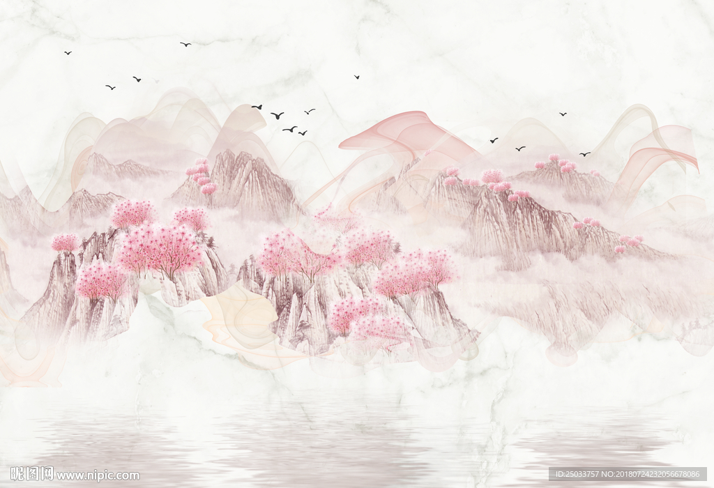 粉色中式山水手绘玄关屏风背景底