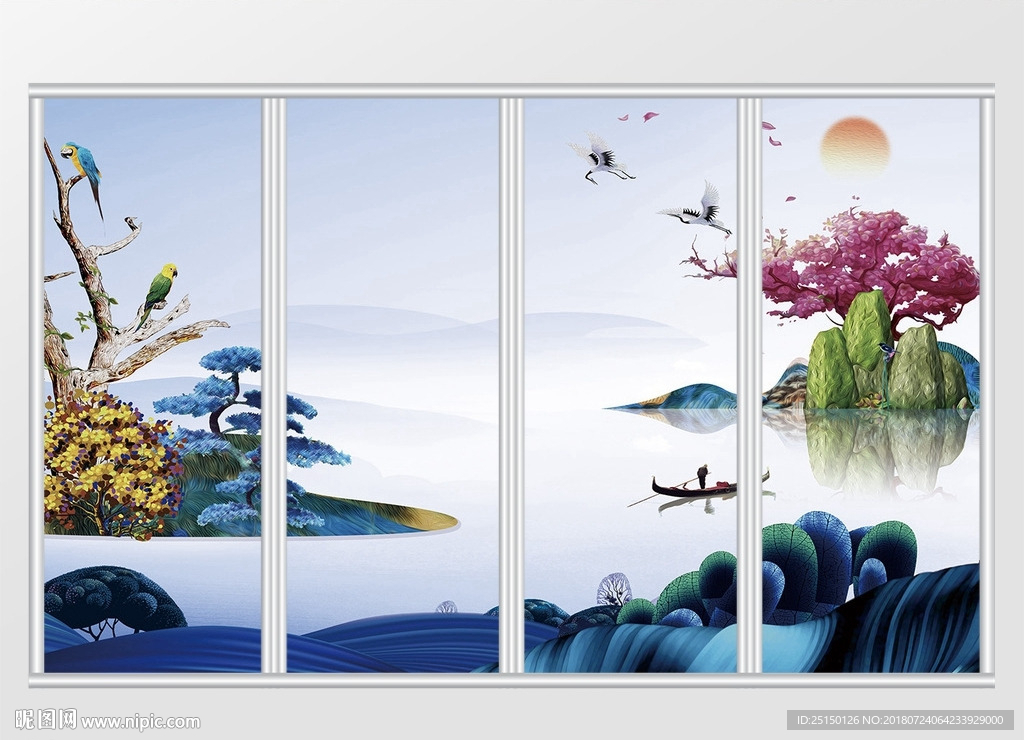 新中式油画插花山水情移门