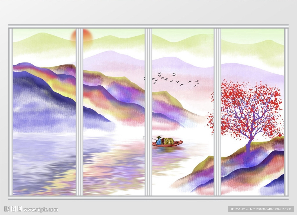 新中式彩色抽象写意山水背景移门