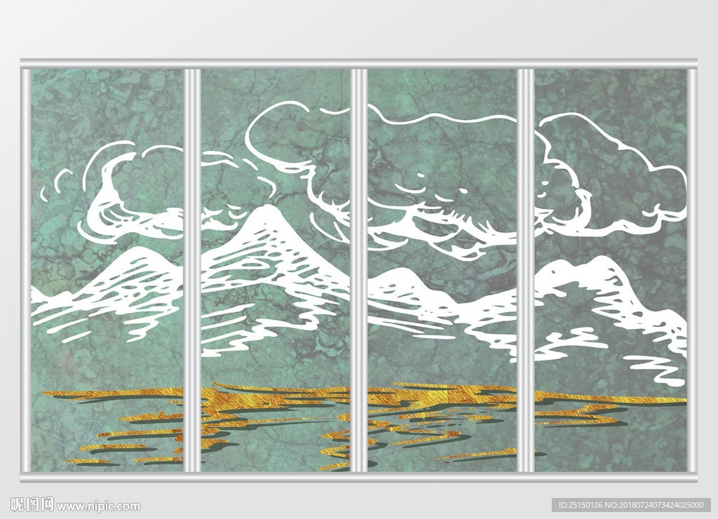 新中式禅意唯美大气金箔山水移门