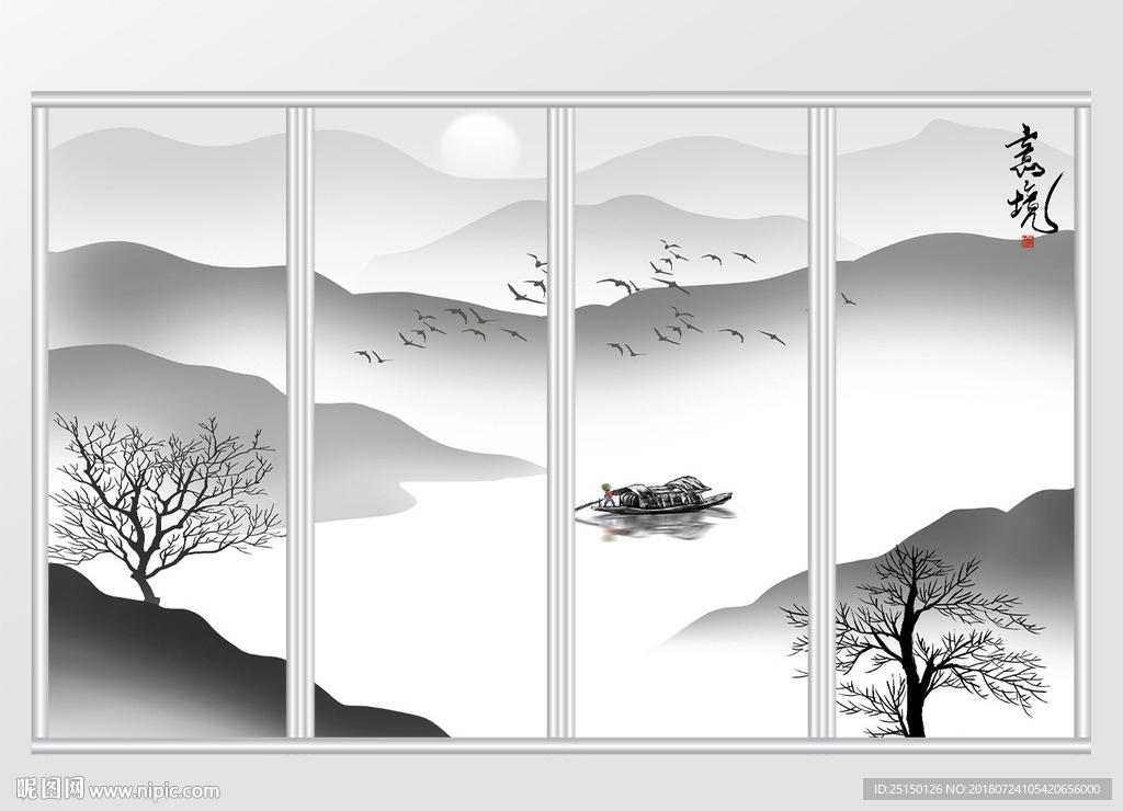 新中式意境水墨山水背景移门