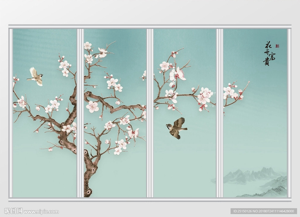 中式山水花鸟花开富贵移门