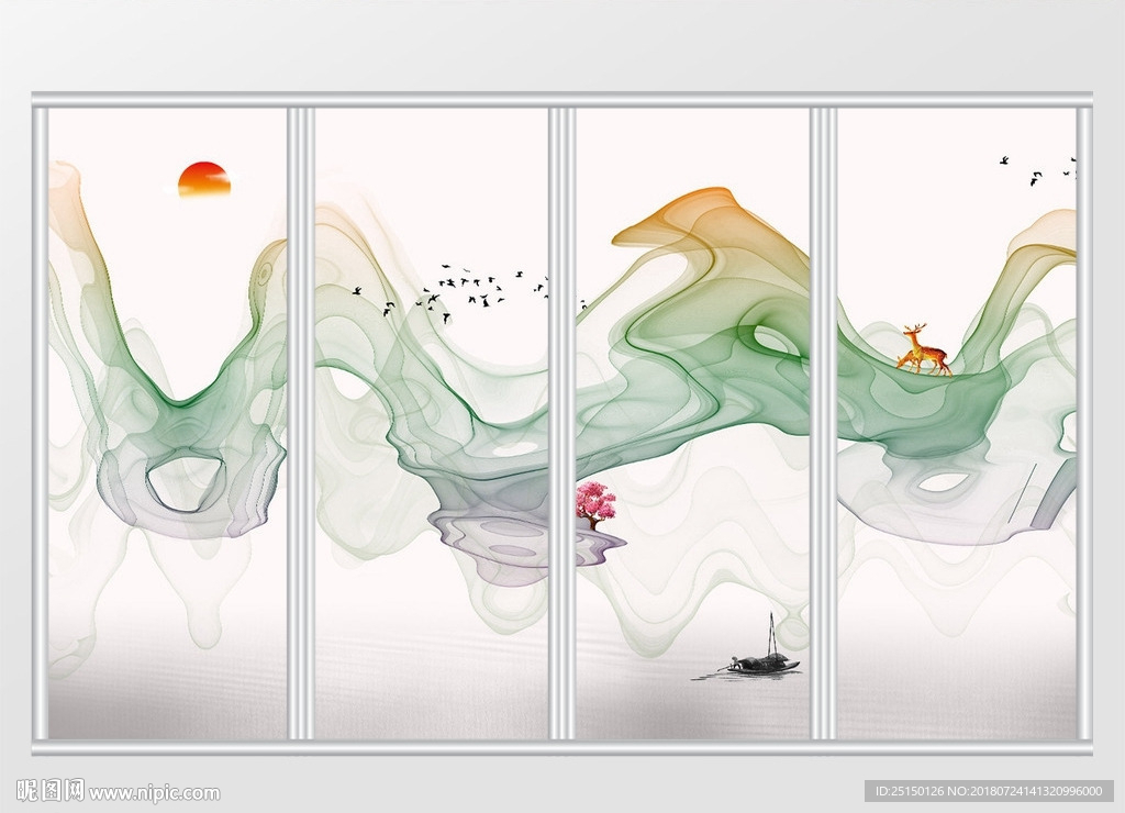 新中式彩色云雾麋鹿飞鸟移门