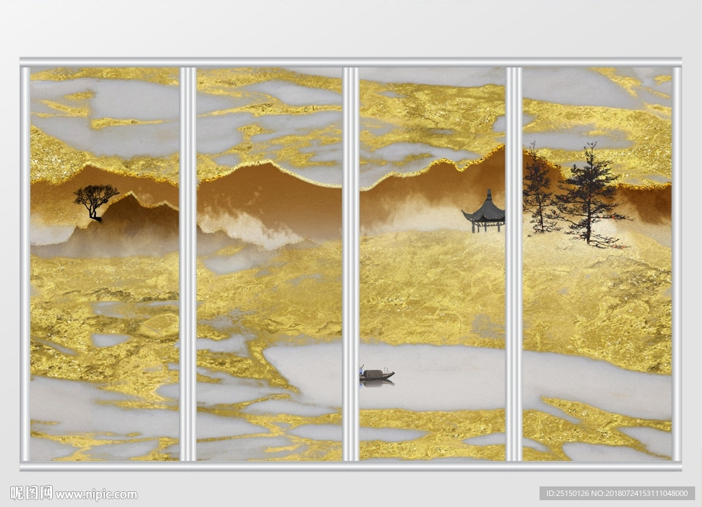 金色中式大理石纹理移门