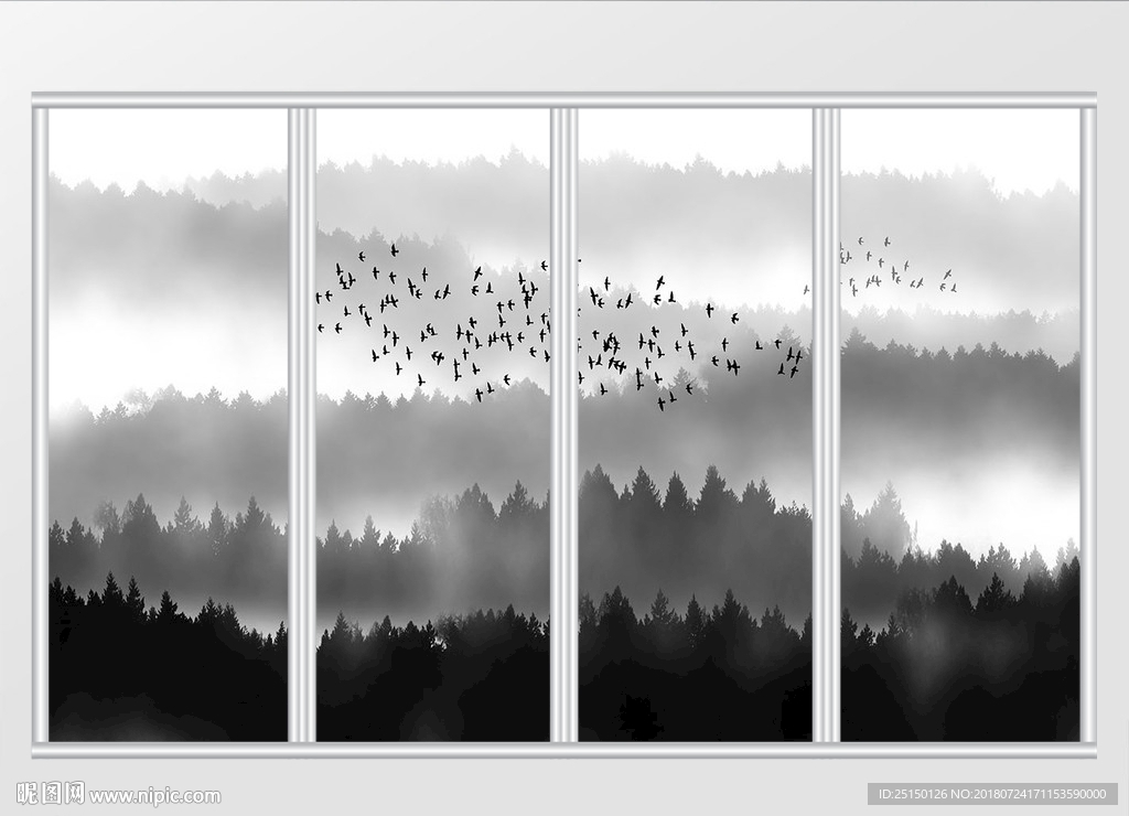 北欧手绘水墨森林飞鸟风景移门