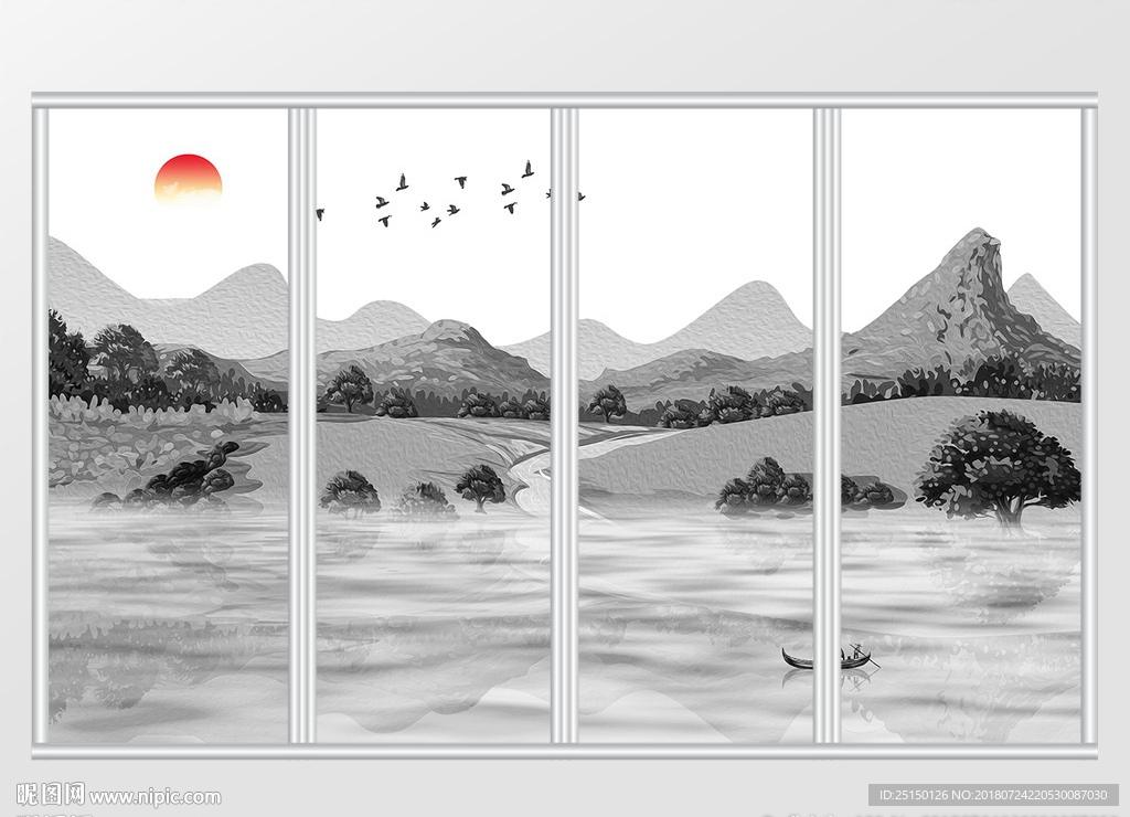 新中式山水风景飞鸟水墨移门