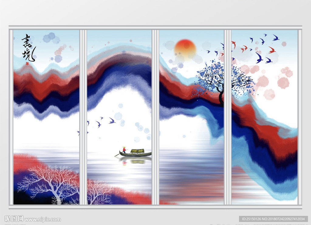 新中式手绘抽象山水画背景移门