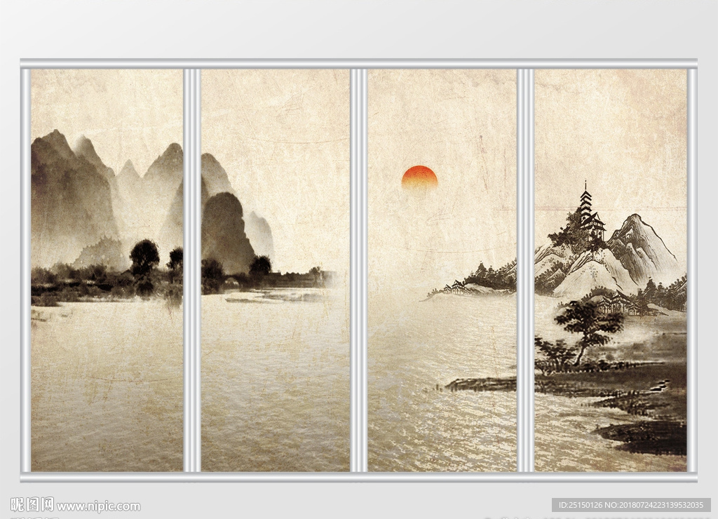 新中式水墨写意夕阳山水湖面移门