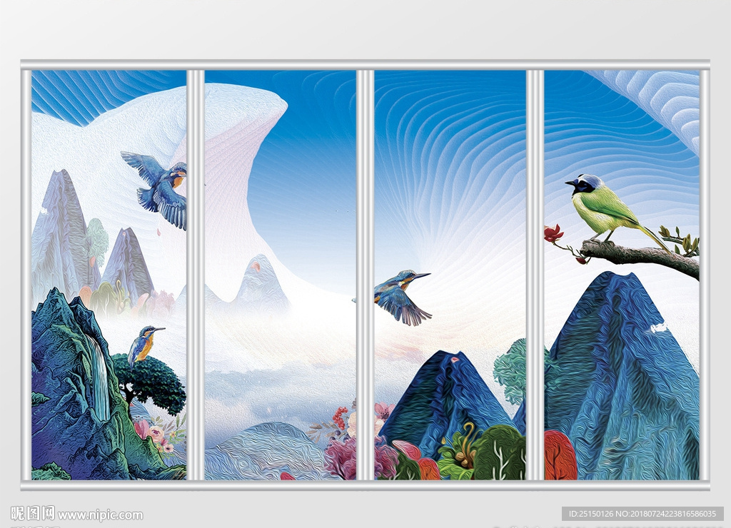 中式风格油画飞鸟花卉移门